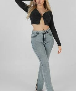 Kaiia LONG SLEEVE BULLRING DETAIL CROP TOP BLACK CLOTHING