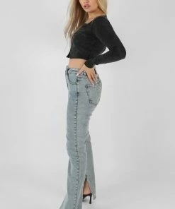 Kaiia LONG SLEEVE BULLRING DETAIL CROP TOP BLACK CLOTHING