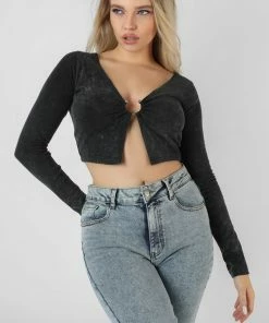 Kaiia LONG SLEEVE BULLRING DETAIL CROP TOP BLACK CLOTHING