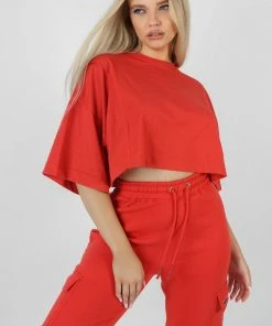 Kaiia CLOTHING EXPOSED SEAM OVERSIZED CROPPED T-SHIRT RED