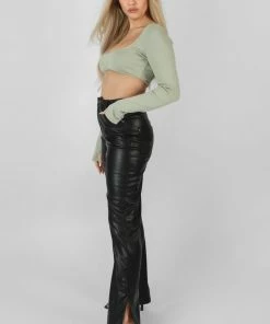 Kaiia RIBBED UNDERBUST SQUARE NECK CROP TOP KHAKI CLOTHING