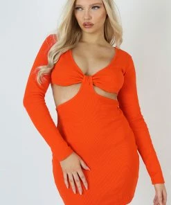 Kaiia WAIST CUT OUT LONG SLEEVE MINI DRESS ORANGE CLOTHING