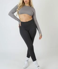 Kaiia LONG SLEEVE UNDERBUST TOP DARK GREY