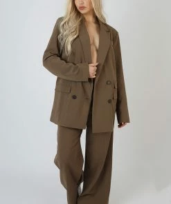 Kaiia OVERSIZED LONGLINE DOUBLE BREASTED POCKET DETAIL BLAZER MUSHROOM CLOTHING