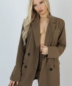 Kaiia OVERSIZED LONGLINE DOUBLE BREASTED POCKET DETAIL BLAZER MUSHROOM CLOTHING
