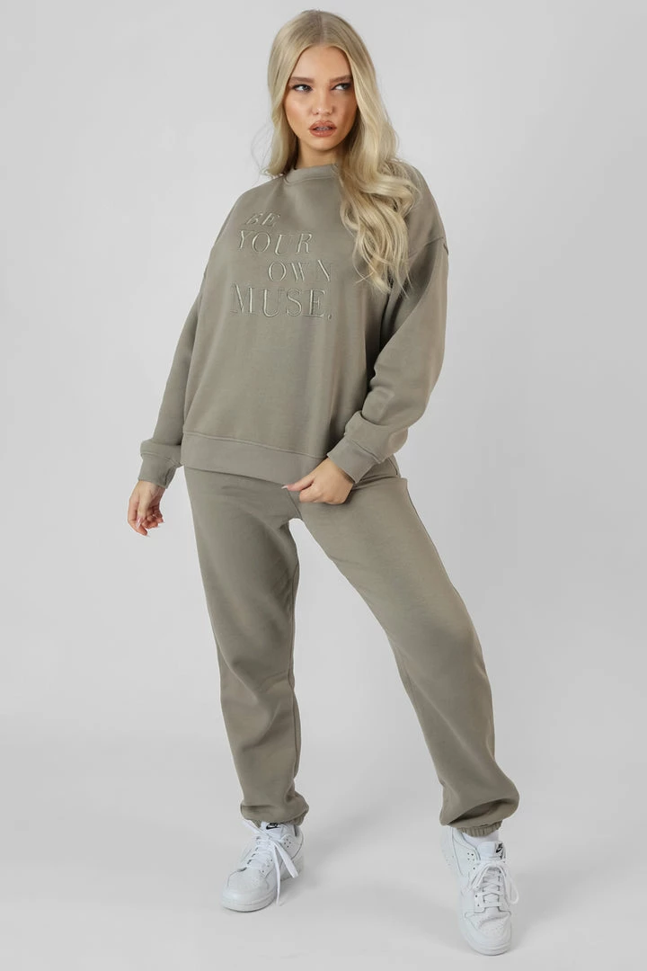 Kaiia BE YOUR OWN MUSE EMBROIDERED SWEATSHIRT KHAKI CLOTHING 3 Kaiia BE YOUR OWN MUSE EMBROIDERED SWEATSHIRT KHAKI CLOTHING