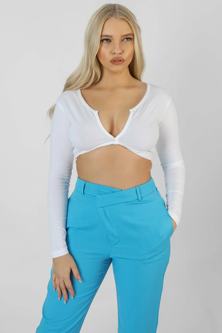 Kaiia TWIST FRONT LONG SLEEVE CROP TOP WHITE 6 Kaiia TWIST FRONT LONG SLEEVE CROP TOP WHITE