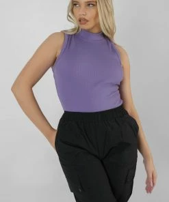 Kaiia CLOTHING HIGH NECK RIB BODYSUIT VIOLET