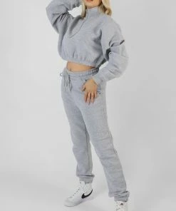 Kaiia CLOTHING HALF ZIP RIBBED CROPPED SWEATSHIRT GREY MARL