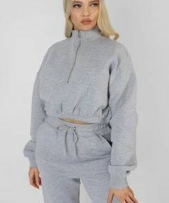 Kaiia CLOTHING HALF ZIP RIBBED CROPPED SWEATSHIRT GREY MARL