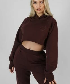 Kaiia EMBROIDERED CROPPED HOODIE DARK BROWN CLOTHING