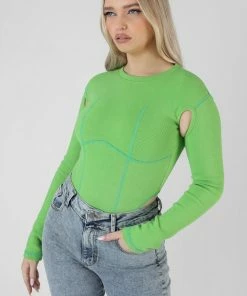 Kaiia CLOTHING CONTRAST STITCH BODYSUIT GREEN