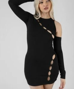 Kaiia ASYMMETRIC BUTTON DETAIL MINI DRESS BLACK