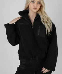 Kaiia HALF ZIP CONTRAST BORG PULL OVER BLACK CLOTHING