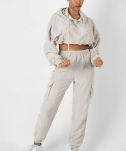 Kaiia CORD CROPPED HOODIE ECRU