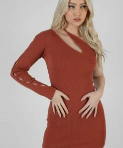 Kaiia ONE SHOULDER BUTTON SLEEVE MINI DRESS CLOTHING
