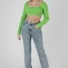 Kaiia LONG SLEEVE SQUARE NECK CROP TOP GREEN CLOTHING