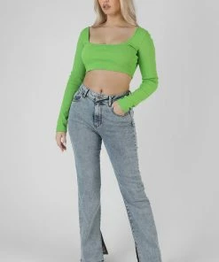 Kaiia LONG SLEEVE SQUARE NECK CROP TOP GREEN CLOTHING