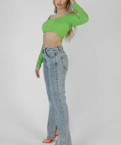 Kaiia LONG SLEEVE SQUARE NECK CROP TOP GREEN CLOTHING