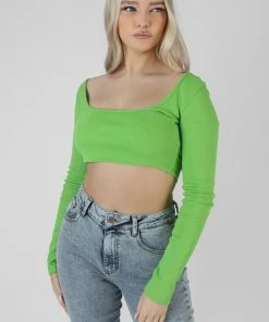 Kaiia LONG SLEEVE SQUARE NECK CROP TOP GREEN CLOTHING