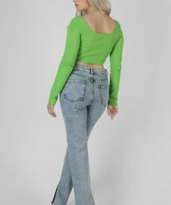 Kaiia LONG SLEEVE SQUARE NECK CROP TOP GREEN CLOTHING