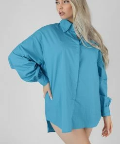 KAIIA PRINT OVERSIZED POPLIN SHIRT BLUE