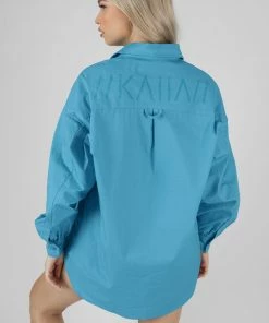 KAIIA PRINT OVERSIZED POPLIN SHIRT BLUE