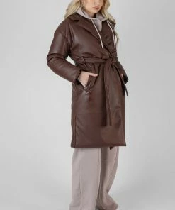 Kaiia CLOTHING PADDED PU TRENCH CHOCOLATE