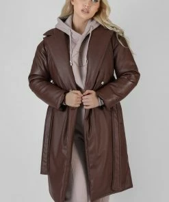 Kaiia CLOTHING PADDED PU TRENCH CHOCOLATE
