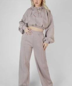 Kaiia CROPPED TONAL EMBROIDERY HOODIE ASH CLOTHING