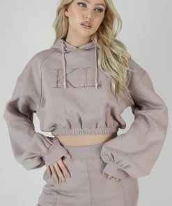 Kaiia CROPPED TONAL EMBROIDERY HOODIE ASH CLOTHING