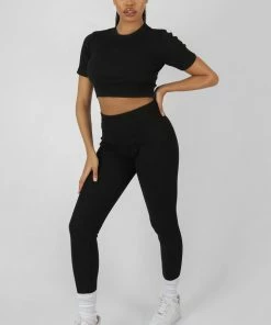 Kaiia ATHLEISURE SEAM FRONT RIBBED LEGGINGS BLACK