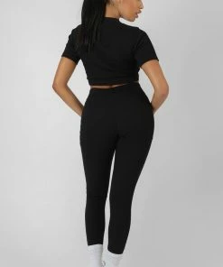 Kaiia ATHLEISURE SEAM FRONT RIBBED LEGGINGS BLACK