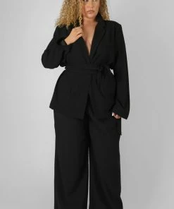 Kaiia CURVE PREMIUM TIE WAIST WIDE LEG TROUSERS BLACK CLOTHING