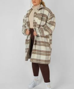 Kaiia CURVE LONGLINE SOFT TOUCH CHECK SHACKET ECRU