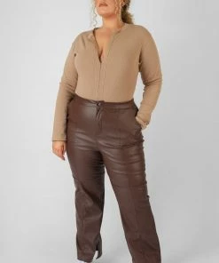 Kaiia CURVE ZIP FRONT RIBBED BODYSUIT LIGHT BROWN CLOTHING