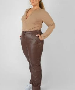 Kaiia CURVE ZIP FRONT RIBBED BODYSUIT LIGHT BROWN CLOTHING