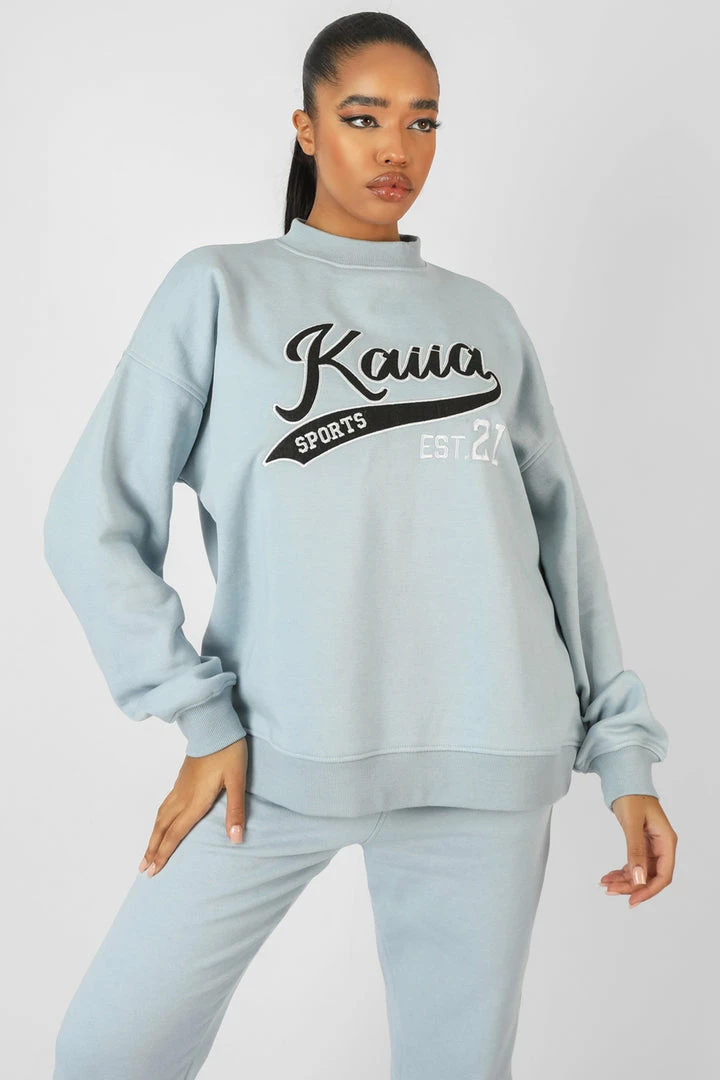 Kaiia VARSITY EMBROIDERY SWEATSHIRT ICE BLUE 4 Kaiia VARSITY EMBROIDERY SWEATSHIRT ICE BLUE