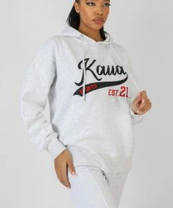 Kaiia VARSITY EMBROIDERY OVERSIZED HOODIE OATMEAL MARL CLOTHING