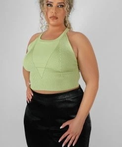 Kaiia CLOTHING CURVE HIGH NECK KNITTED RACER CROP TOP LIME