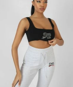 Kaiia CLOTHING VARSITY EMBROIDERY CROP TOP BLACK