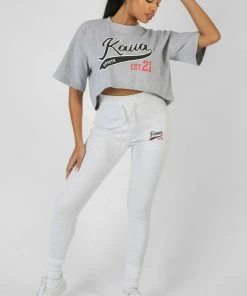 Kaiia VARSITY EMBROIDERY CROPPED T-SHIRT GREY MARL