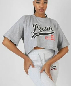 Kaiia VARSITY EMBROIDERY CROPPED T-SHIRT GREY MARL
