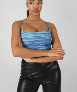 Kaiia CLOTHING SPACE DYE PRINT MESH SQUARE NECK BODYSUIT BLUE