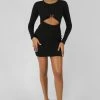 Kaiia BULL RING DETAIL LONG SLEEVE MINI DRESS BLACK