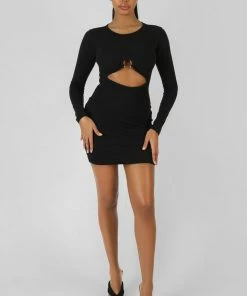 Kaiia BULL RING DETAIL LONG SLEEVE MINI DRESS BLACK