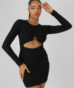 Kaiia BULL RING DETAIL LONG SLEEVE MINI DRESS BLACK