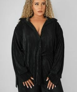 Kaiia CLOTHING CURVE OVERSIZED PLISSE SHIRT BLACK