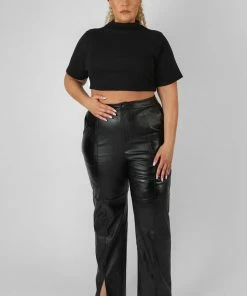Kaiia CURVE HIGH NECK RIBBED CROPPED T SHIRT BLACK CLOTHING