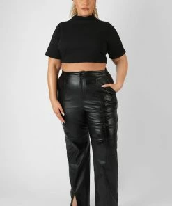 Kaiia CURVE HIGH NECK RIBBED CROPPED T SHIRT BLACK CLOTHING
